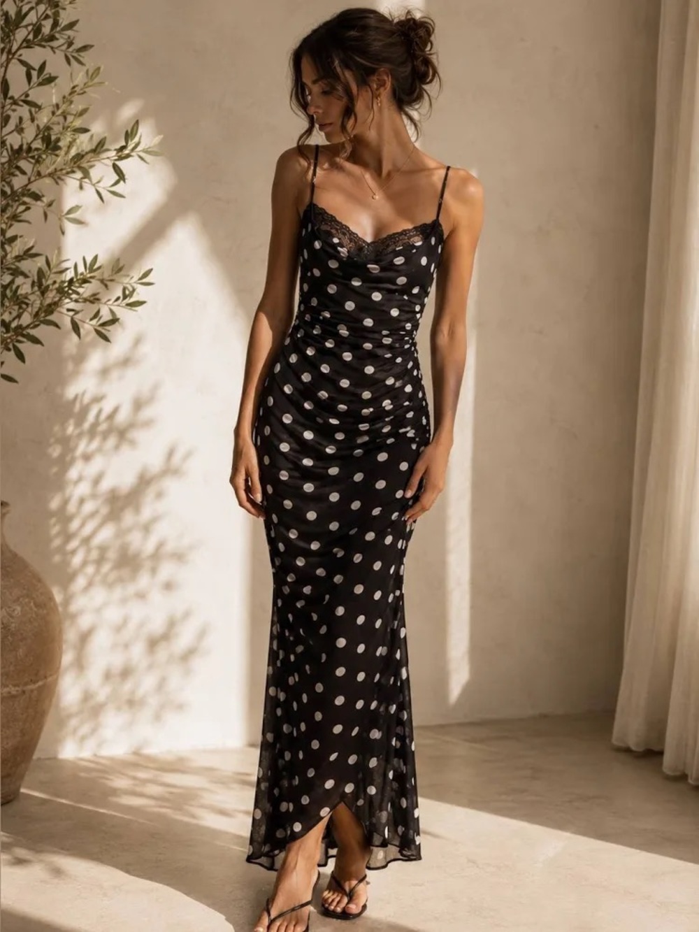 Black Polka Dot Lace-Trim Maxi Slip Dress